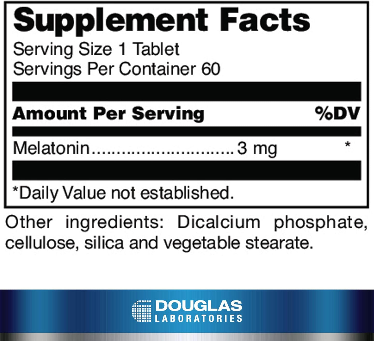 Supplement facts for a  bottle of Douglas Labs Melatonin Prolonged Release dietary supplement 