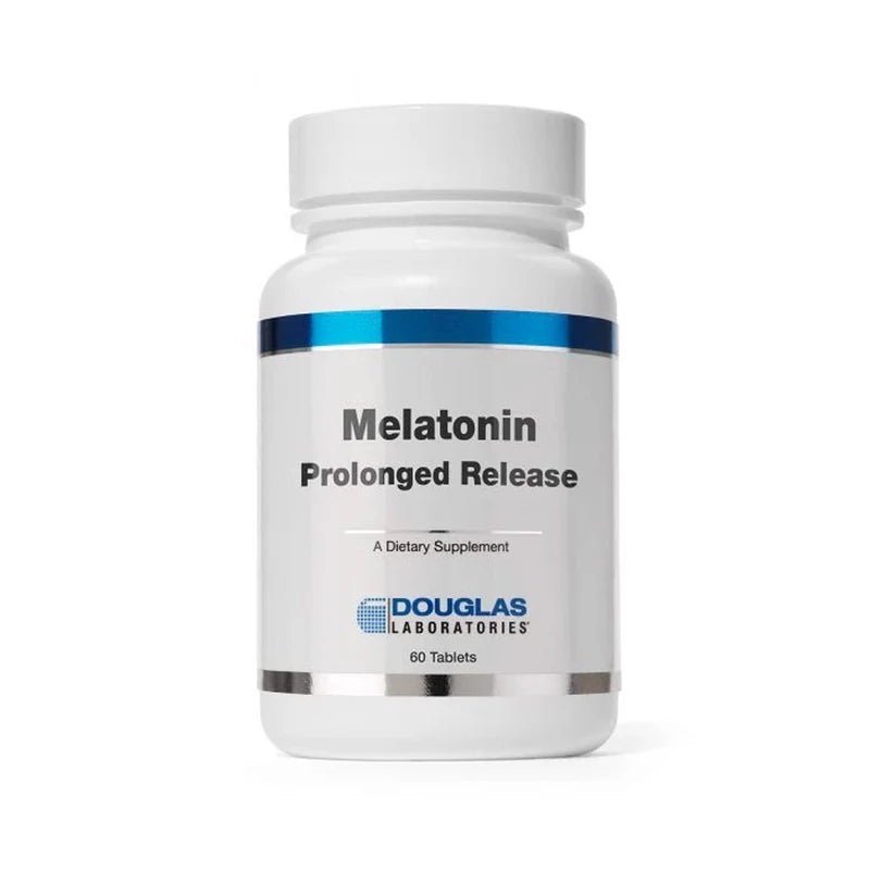 A bottle of Douglas Labs Melatonin Prolonged Release dietary supplement with 60 count.