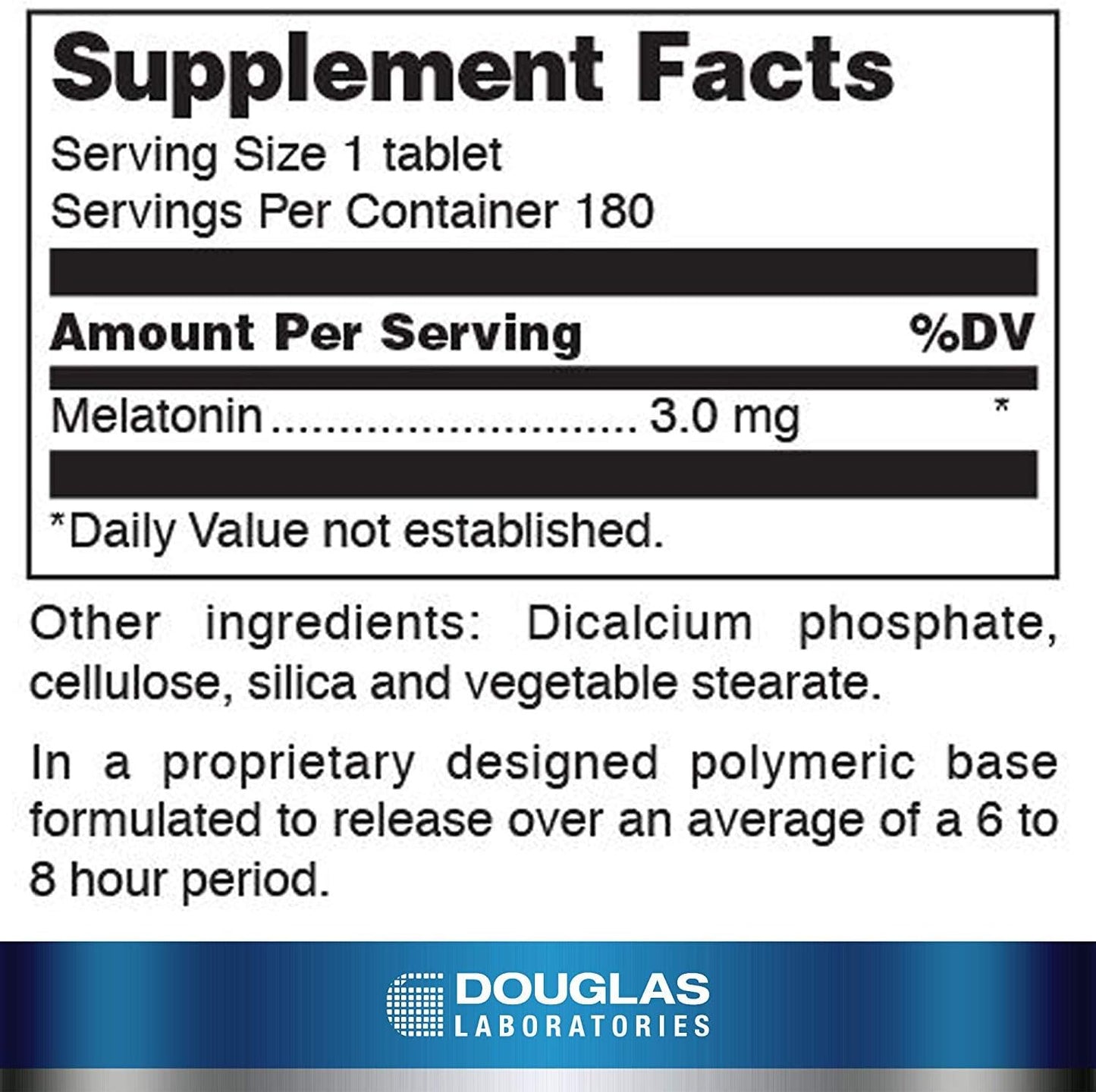 Supplement facts for a  bottle of Douglas Labs Melatonin Prolonged Release dietary supplement 