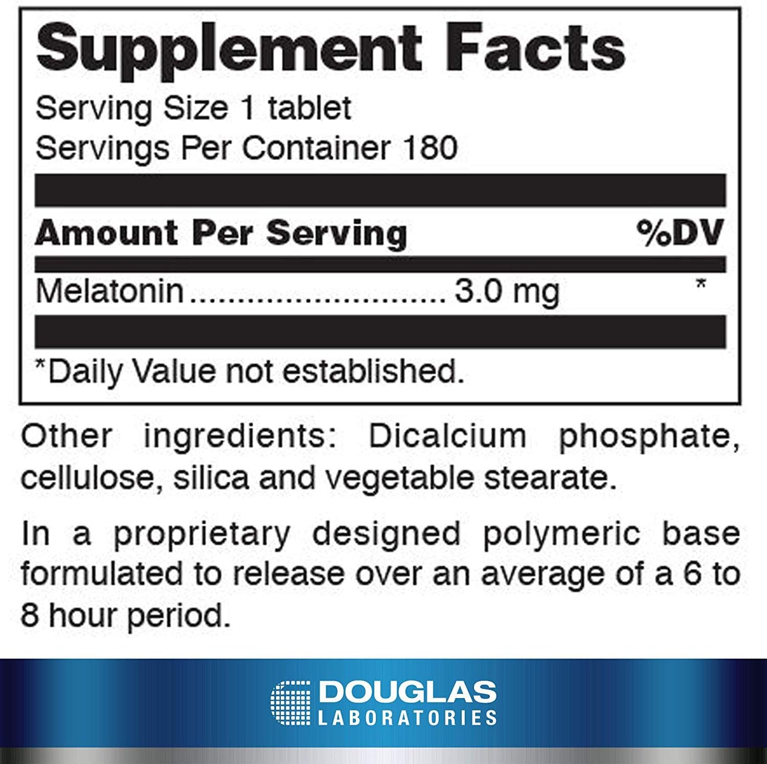 Supplement facts for a  bottle of Douglas Labs Melatonin Prolonged Release dietary supplement 