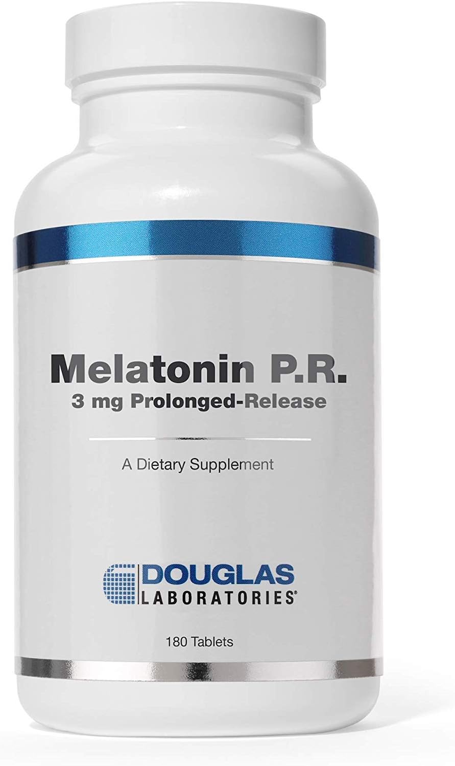 A bottle of Douglas Labs Melatonin Prolonged Release dietary supplement with 180 count.