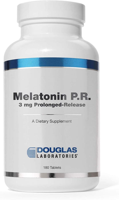 A bottle of Douglas Labs Melatonin Prolonged Release dietary supplement with 180 count.