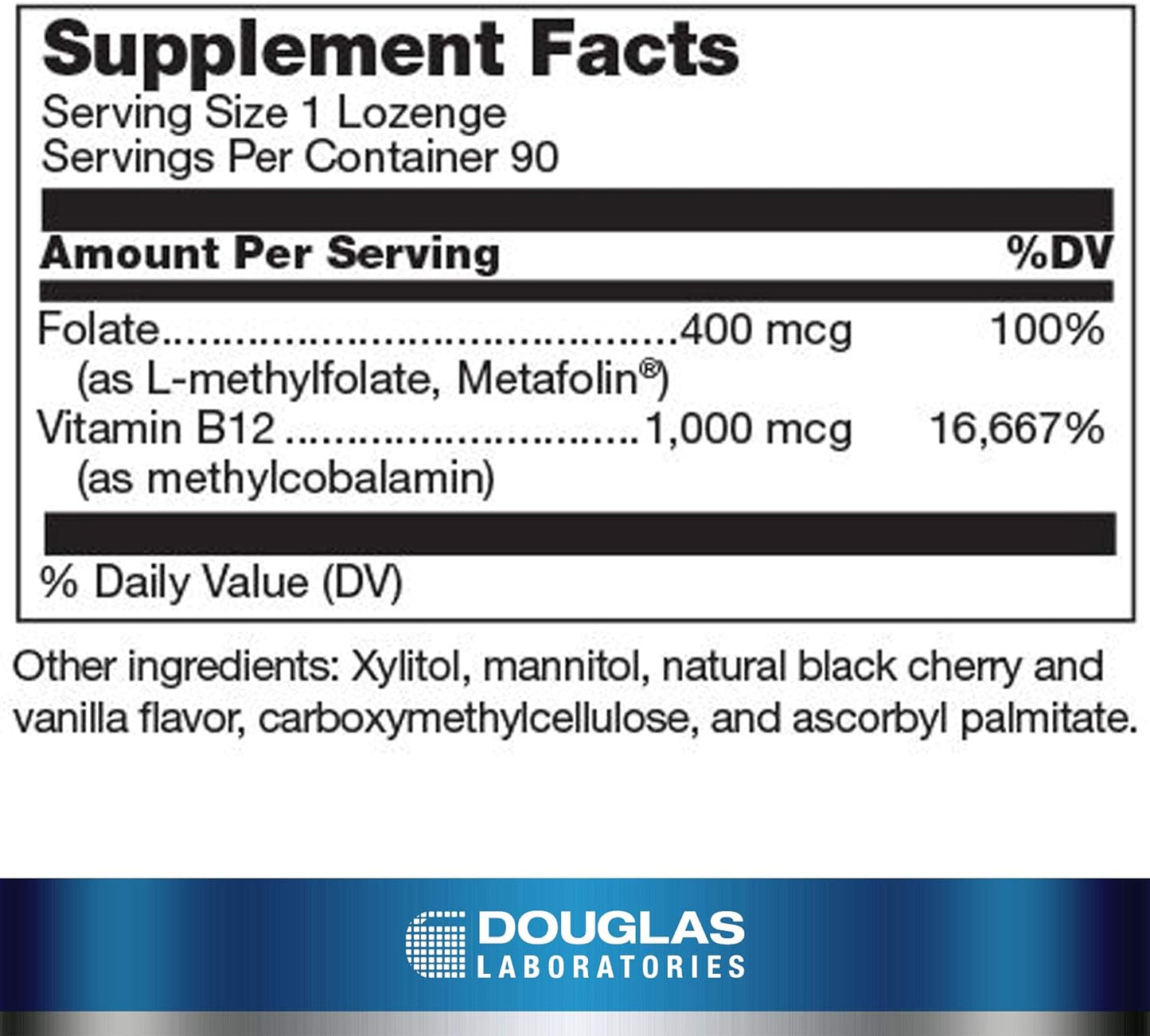 Supplement facts for a bottle of Douglas Labs Methyl B12 Plus dietary supplement