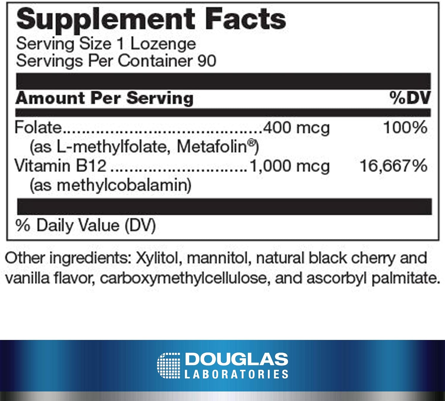 Supplement facts for a bottle of Douglas Labs Methyl B12 Plus dietary supplement