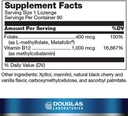 Supplement facts for a bottle of Douglas Labs Methyl B12 Plus dietary supplement