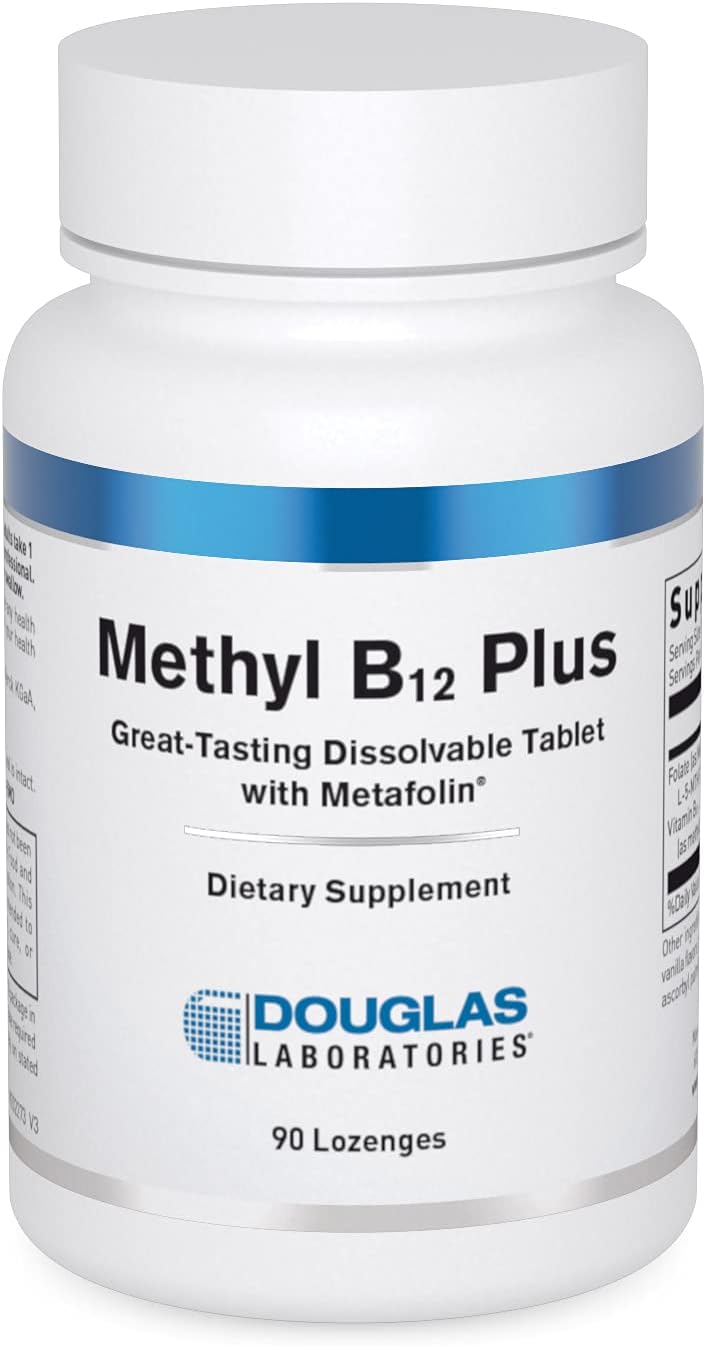 A bottle of Douglas Labs Methyl B12 Plus dietary supplement with 90 lozenges. The label is white with blue and red text and a blue stripe across the top.