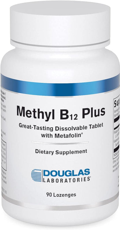A bottle of Douglas Labs Methyl B12 Plus dietary supplement with 90 lozenges. The label is white with blue and red text and a blue stripe across the top.