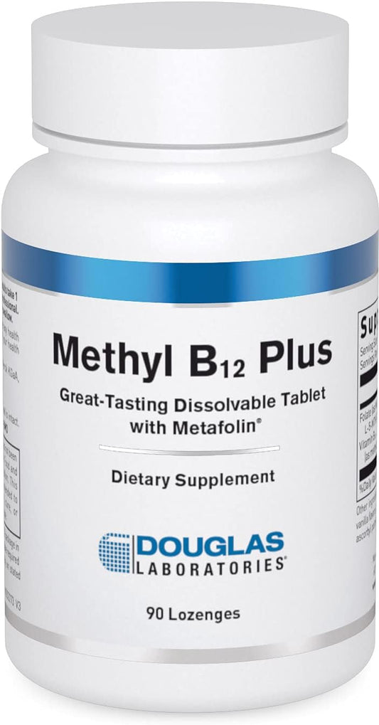 A bottle of Douglas Labs Methyl B12 Plus dietary supplement with 90 lozenges. The label is white with blue and red text and a blue stripe across the top.