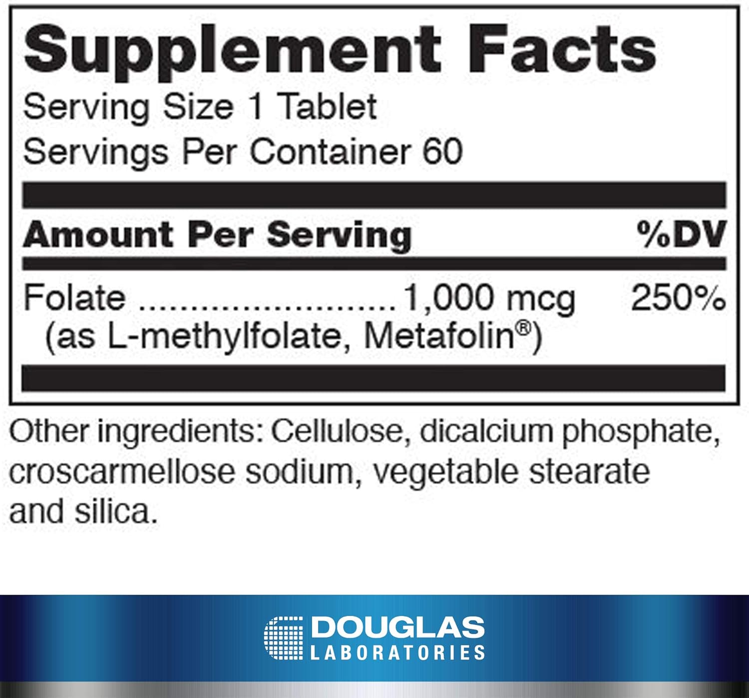 Supplement facts for a bottle of Douglas Labs Methyl Folate dietary supplement
