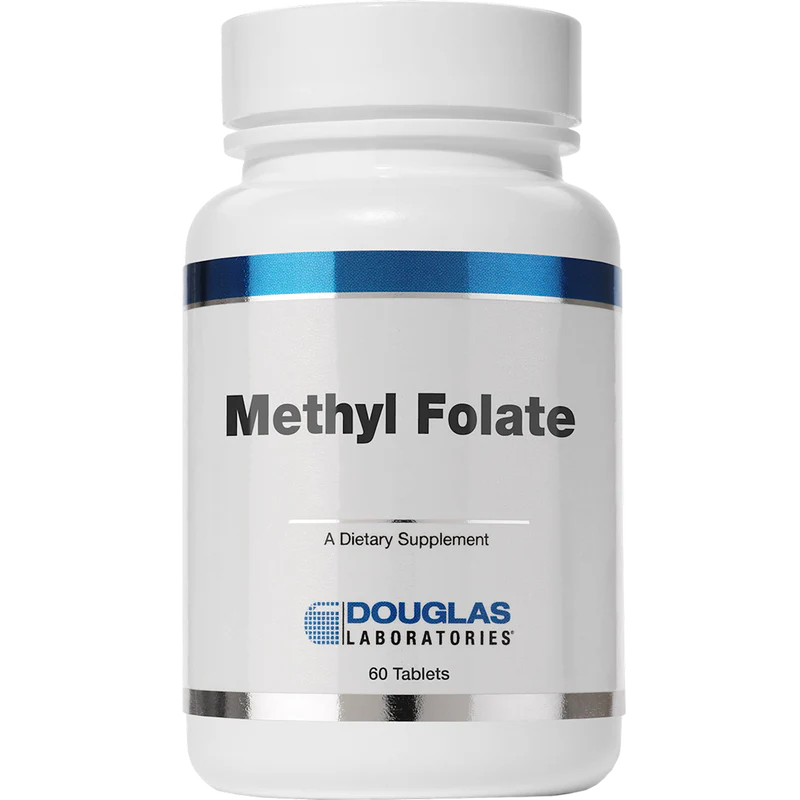 A bottle of Douglas Labs Methyl Folate dietary supplement containing 60 tablets.