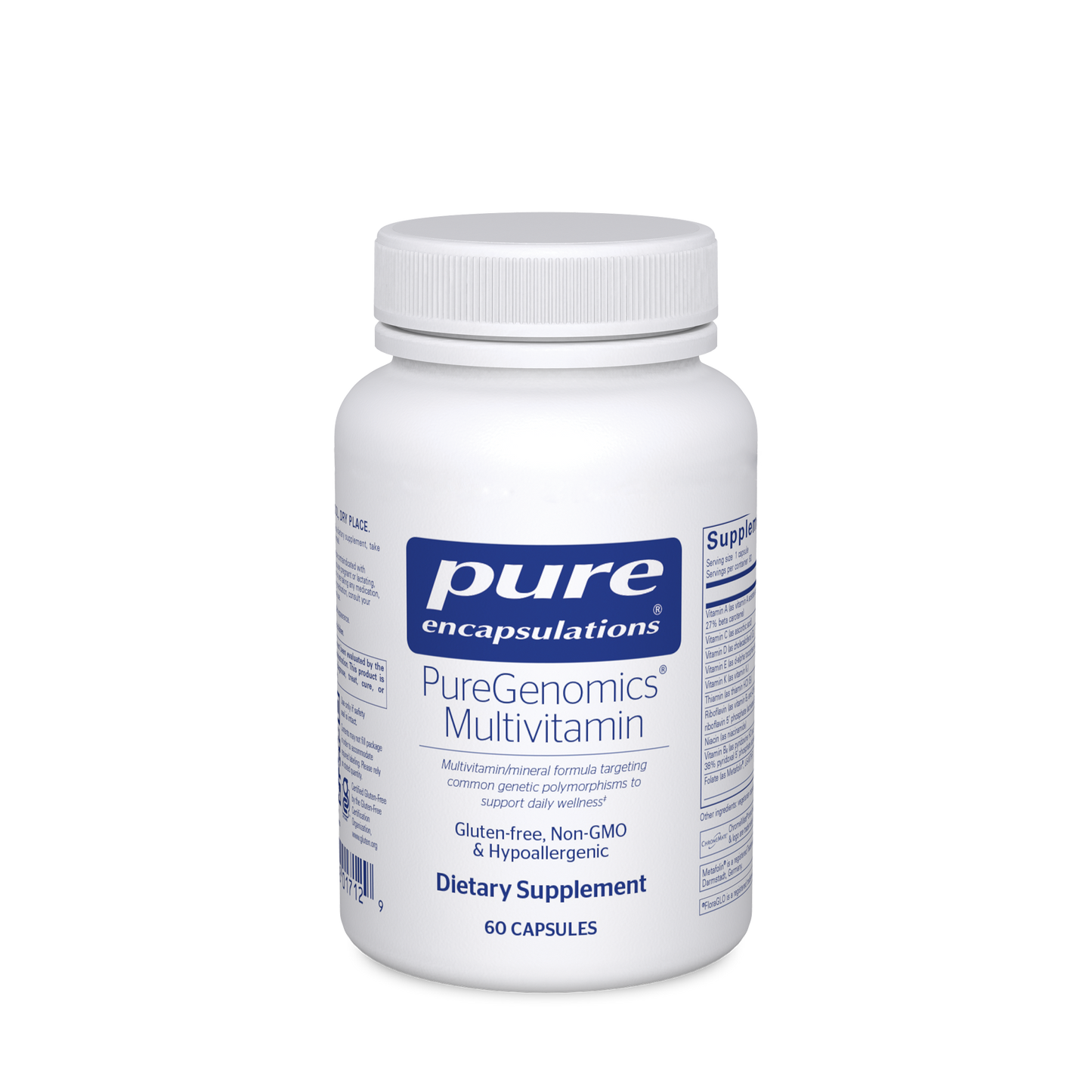 A bottle of Pure Encapsulations PureGenomics Multivitamin dietary supplement with 60 capsules.