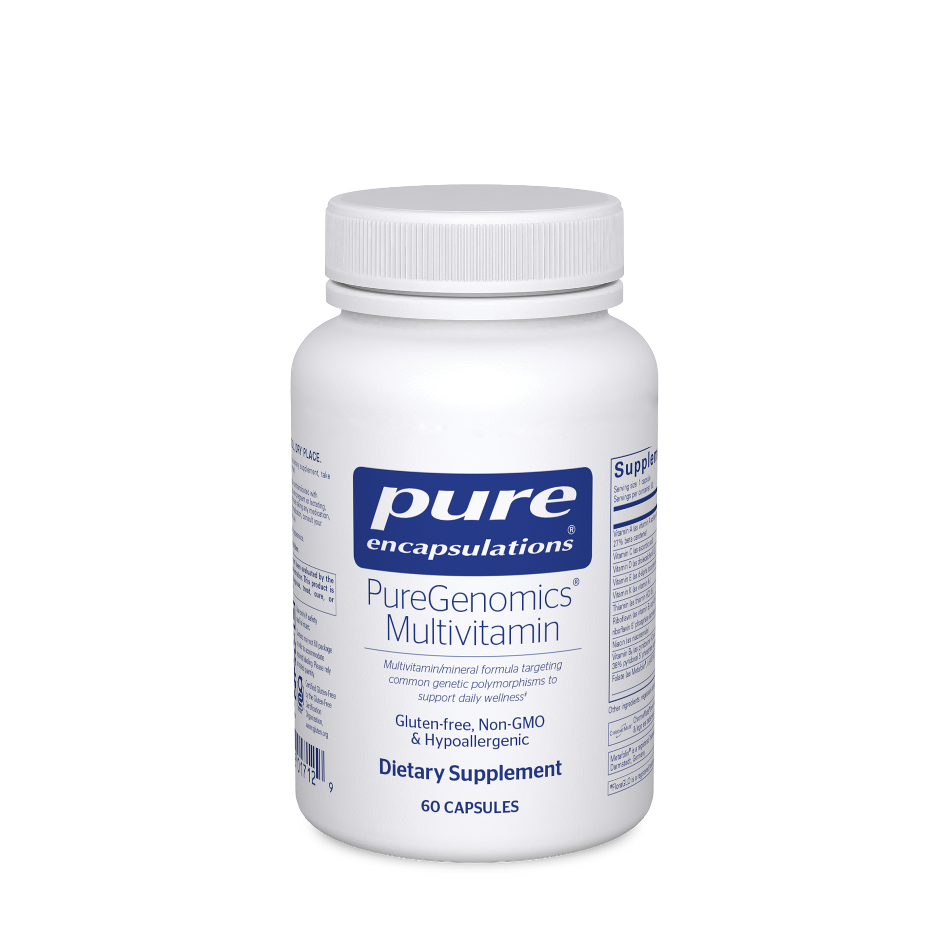 A bottle of Pure Encapsulations PureGenomics Multivitamin dietary supplement with 60 capsules.