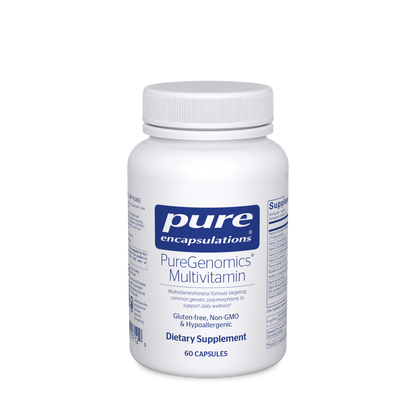 A bottle of Pure Encapsulations PureGenomics Multivitamin dietary supplement with 60 capsules.