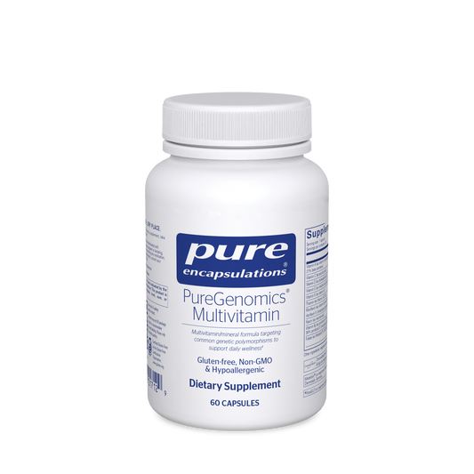 A bottle of Pure Encapsulations PureGenomics Multivitamin dietary supplement with 60 capsules.