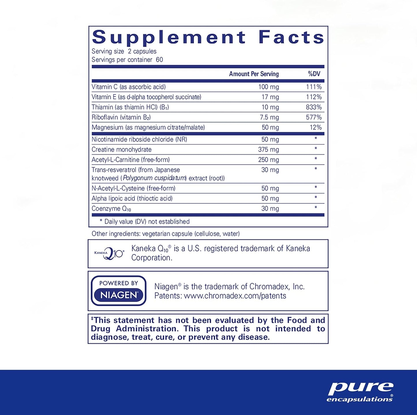 Supplement facts for a bottle of Pure Encapsulations Mitochondria-ATP dietary supplement