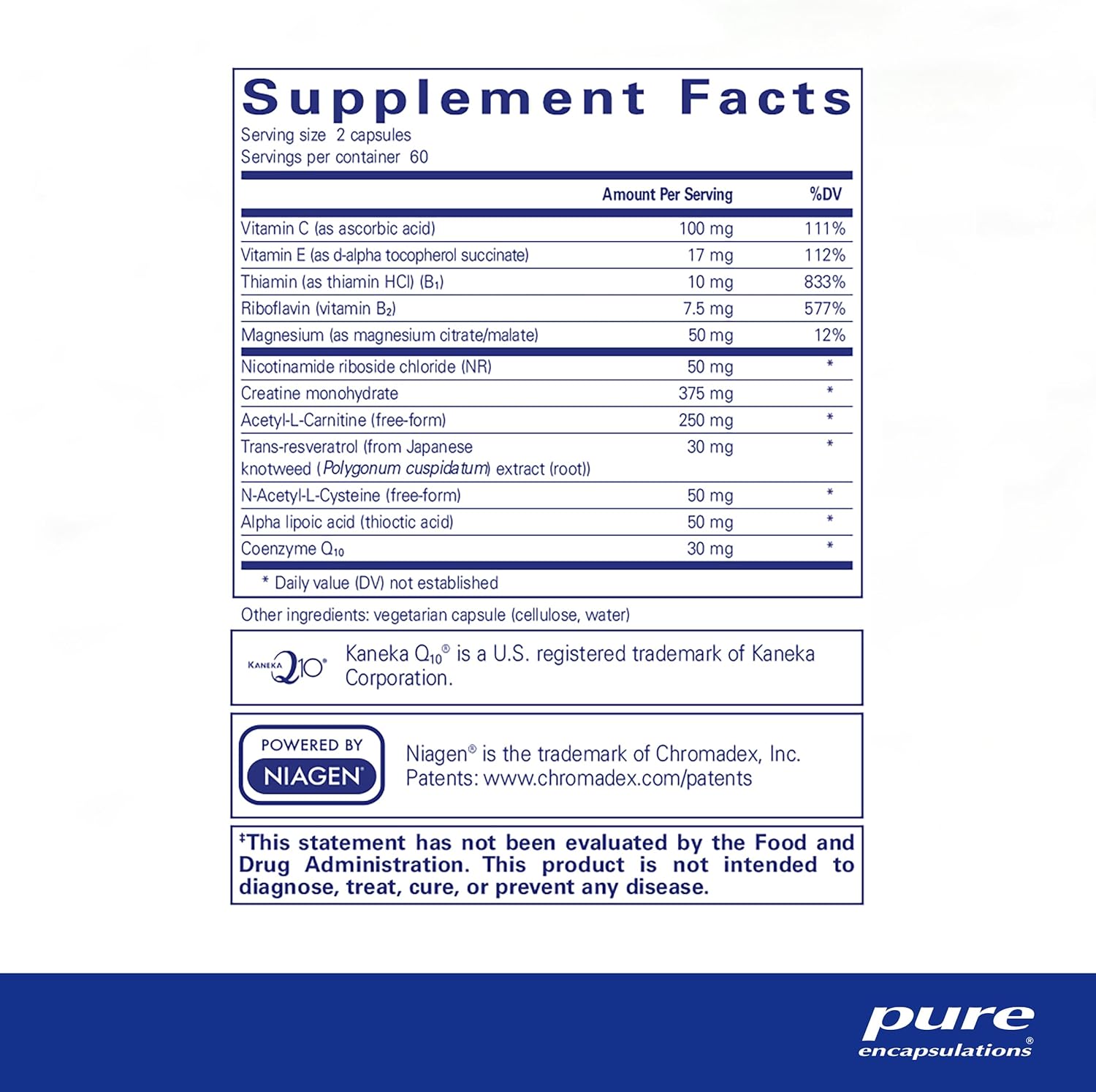 Supplement facts for a bottle of Pure Encapsulations Mitochondria-ATP dietary supplement