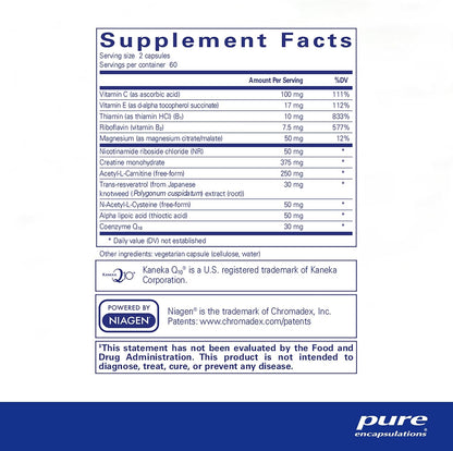 Supplement facts for a bottle of Pure Encapsulations Mitochondria-ATP dietary supplement