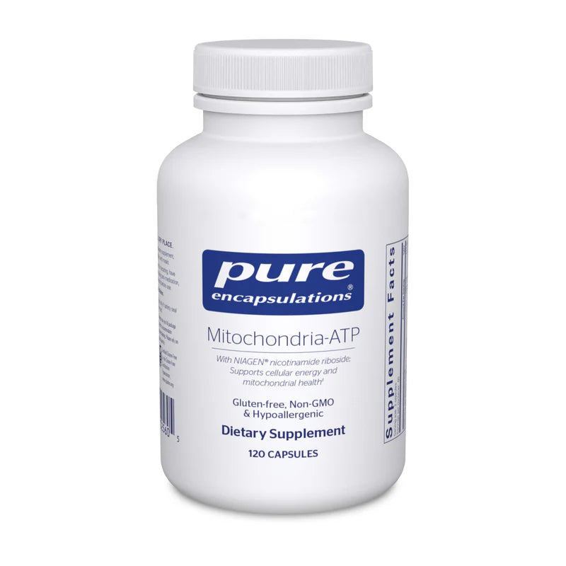 A bottle of Pure Encapsulations Mitochondria-ATP dietary supplement with 120 capsules, predominantly white with blue and red label.