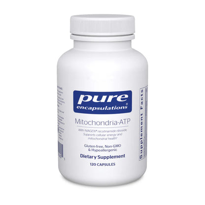 A bottle of Pure Encapsulations Mitochondria-ATP dietary supplement with 120 capsules, predominantly white with blue and red label.