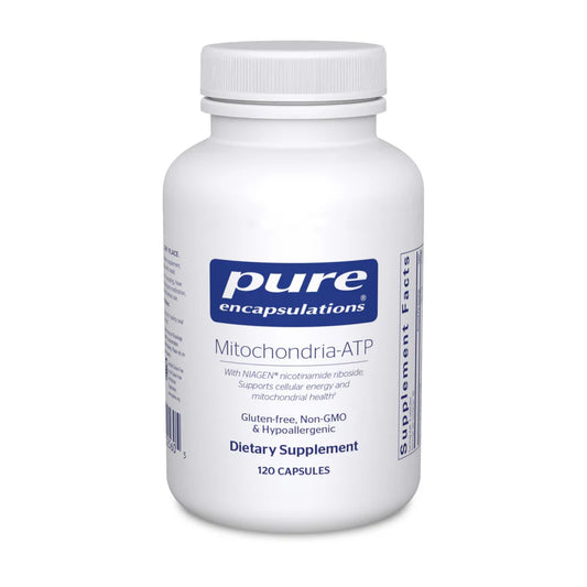 A bottle of Pure Encapsulations Mitochondria-ATP dietary supplement with 120 capsules, predominantly white with blue and red label.