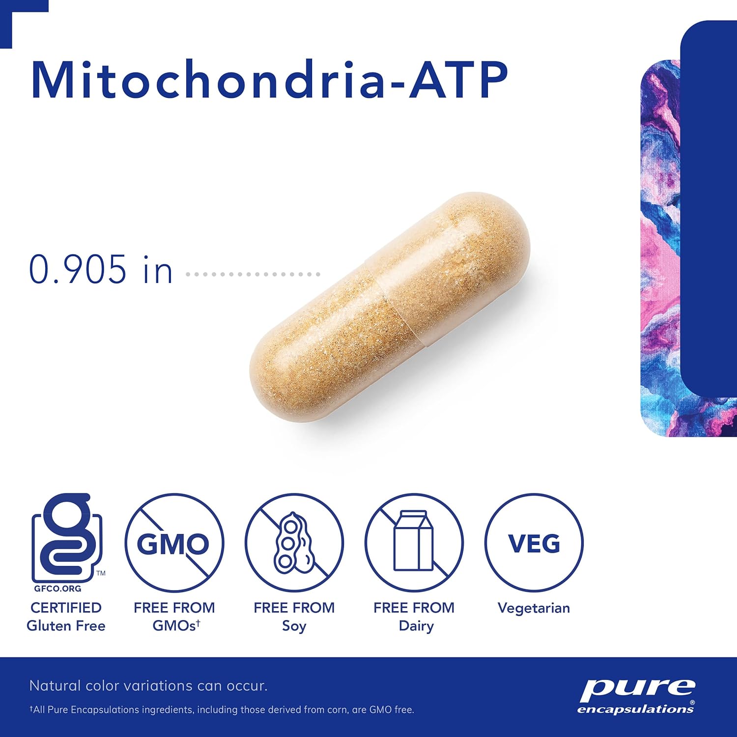 A tan, Pure Encapsulations Mitochondria-ATP dietary capsule that measures .905 inches and is GF, GMO free, Soy free, Dairy free, and vegetarian