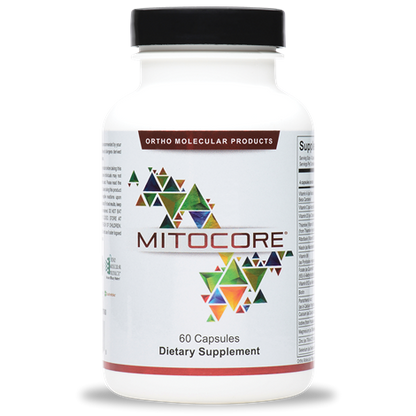 A bottle of OrthoMolecular Products MitoCORE dietary supplement with 60 capsules.