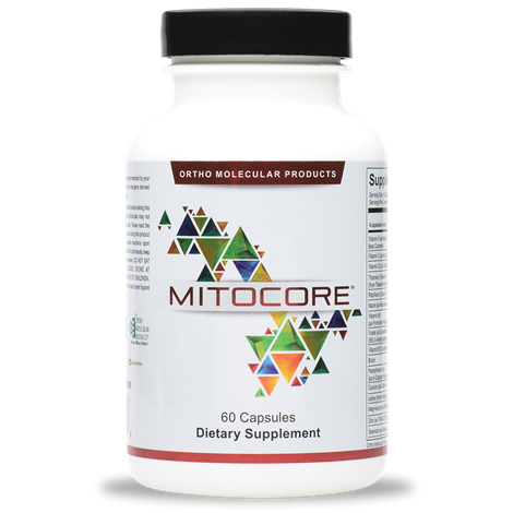 A bottle of OrthoMolecular Products MitoCORE dietary supplement with 60 capsules.