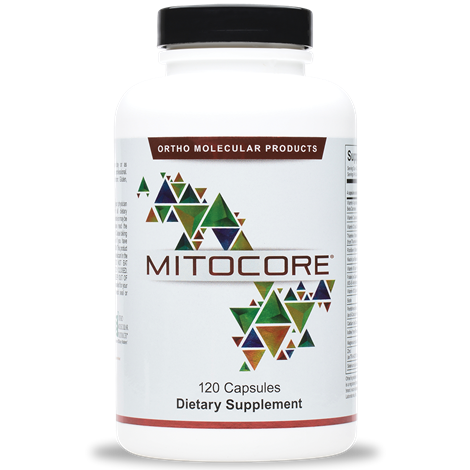 A bottle of OrthoMolecular Products MitoCORE dietary supplement with 120 capsules.