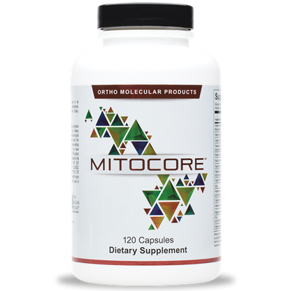 A bottle of OrthoMolecular Products MitoCORE dietary supplement with 120 capsules.