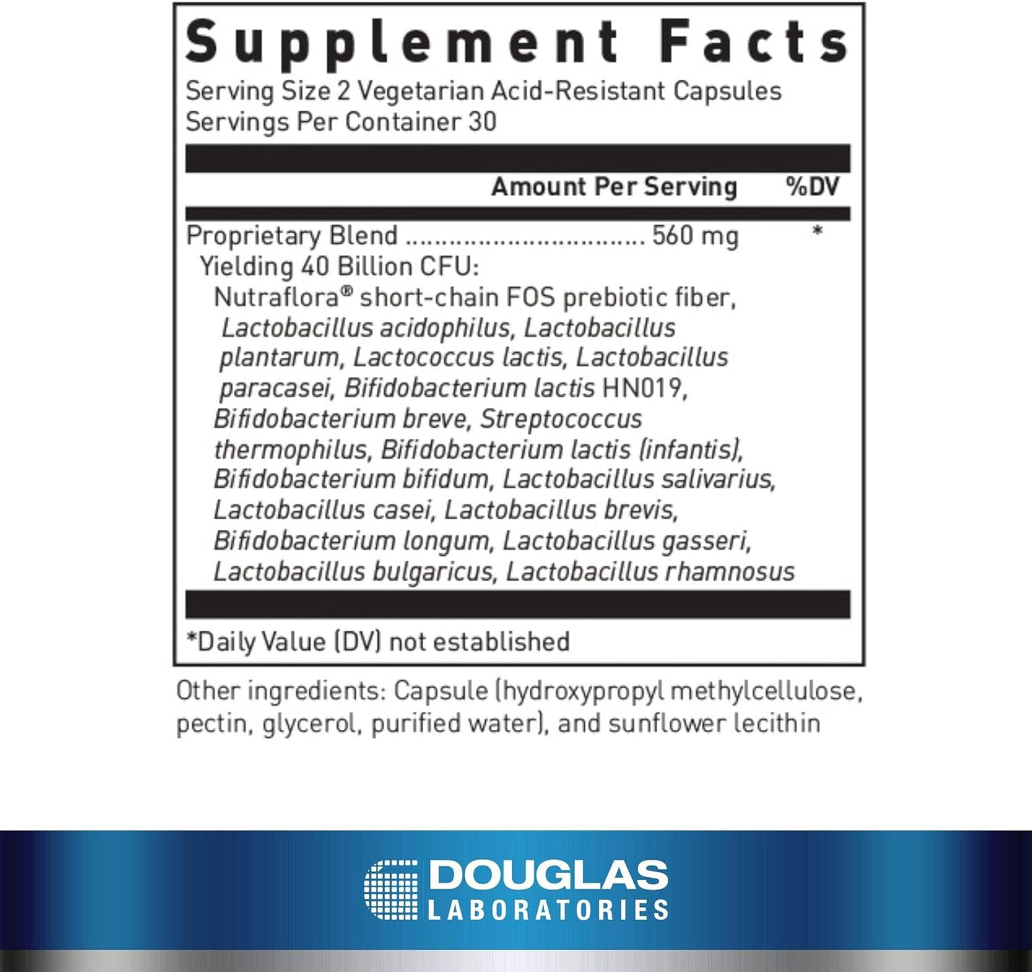 Supplement facts for a bottle of Douglas Labs Multi-Probiotic 40 Billion Powder