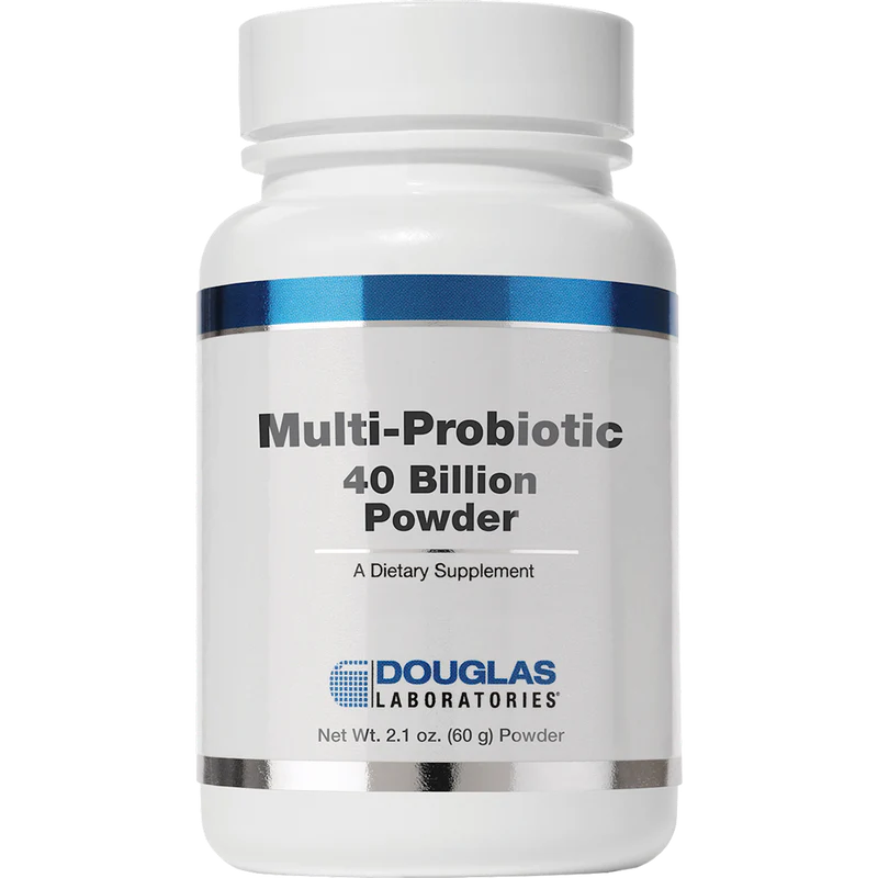 A bottle of Douglas Labs Multi-Probiotic 40 Billion Powder, which is a dietary supplement.