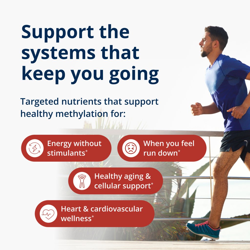 Person running with text about targeted nutrients for health benefits on a light background