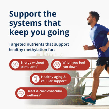 Person running with text about targeted nutrients for health benefits on a light background
