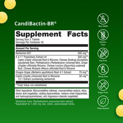 Supplement facts label for CandiBactin-BR on a green background with icons indicating non-GMO, gluten-free, soy-free, dairy-free, sugar-free, and plant-based.