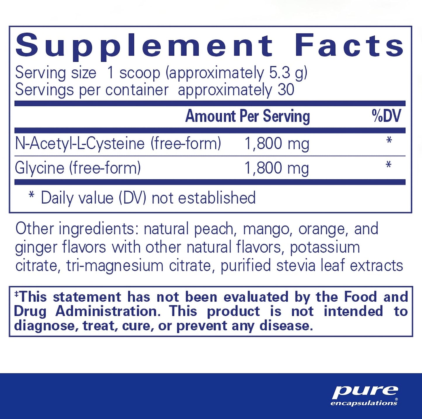 Supplement facts and ingredient information for a container of Pure Encapsulations NAC+ Glycine Powder