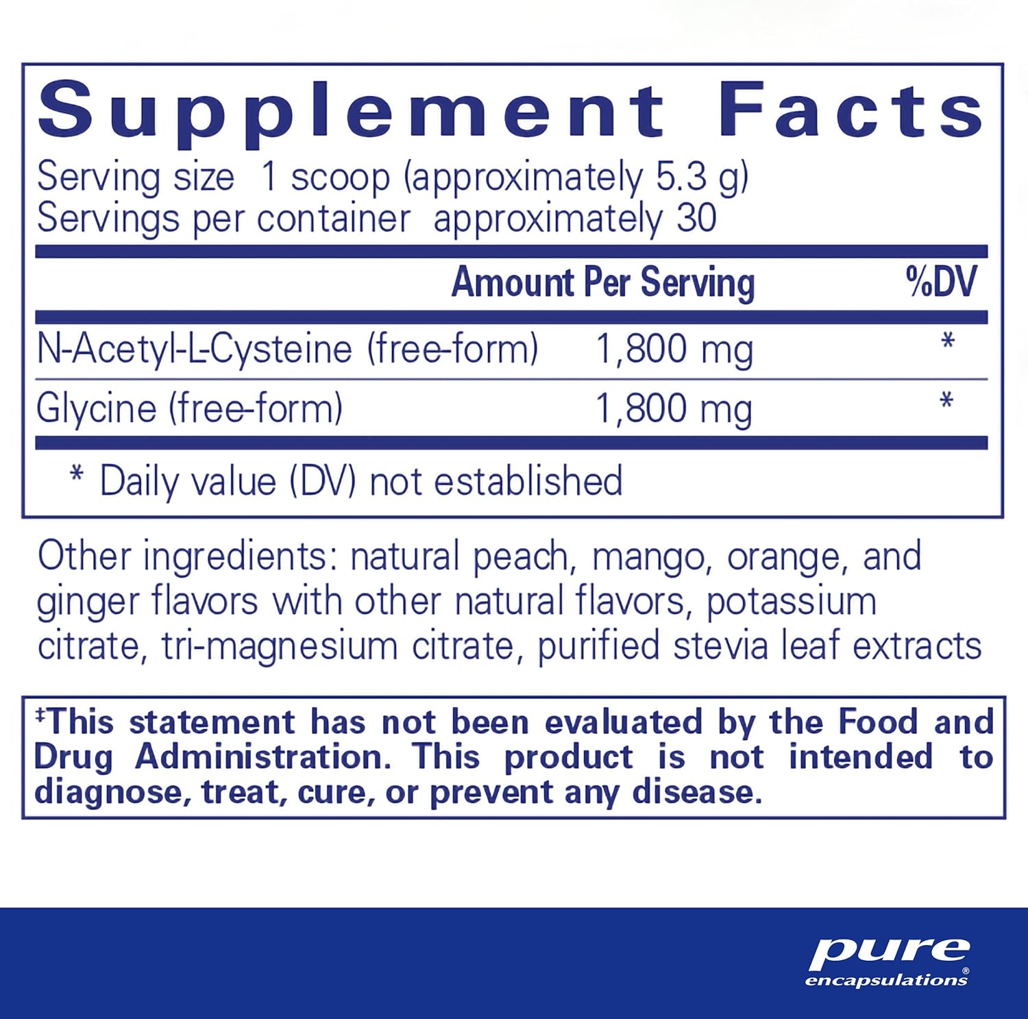 Supplement facts and ingredient information for a container of Pure Encapsulations NAC+ Glycine Powder