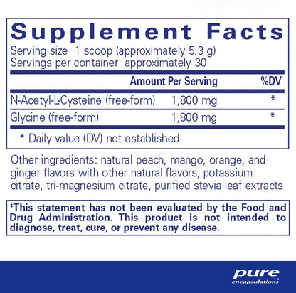 Supplement facts and ingredient information for a container of Pure Encapsulations NAC+ Glycine Powder