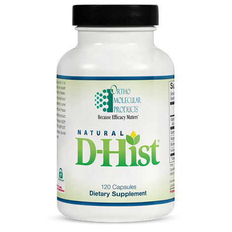A bottle of OrthoMolecular Products Natural D-Hist dietary supplement with 120 capsules.