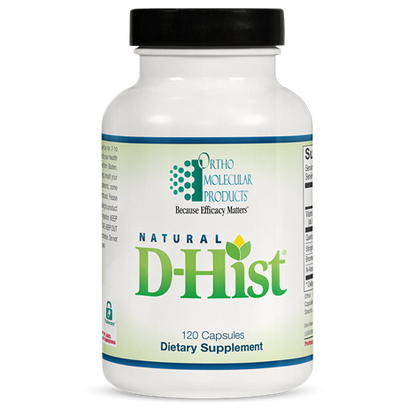 A bottle of OrthoMolecular Products Natural D-Hist dietary supplement with 120 capsules.
