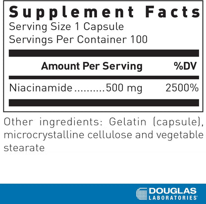 Supplement facts for a bottle of Douglas Labs Niacinamide 500 mg dietary supplement 