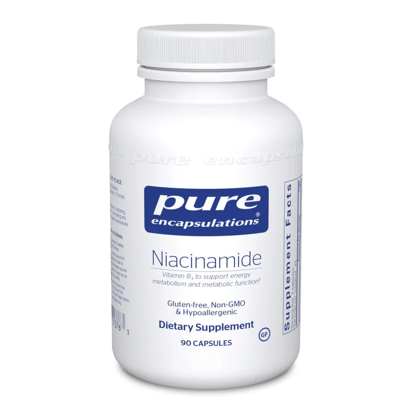 A bottle of Pure Encapsulations Niacinamide dietary supplement with 90 capsules.