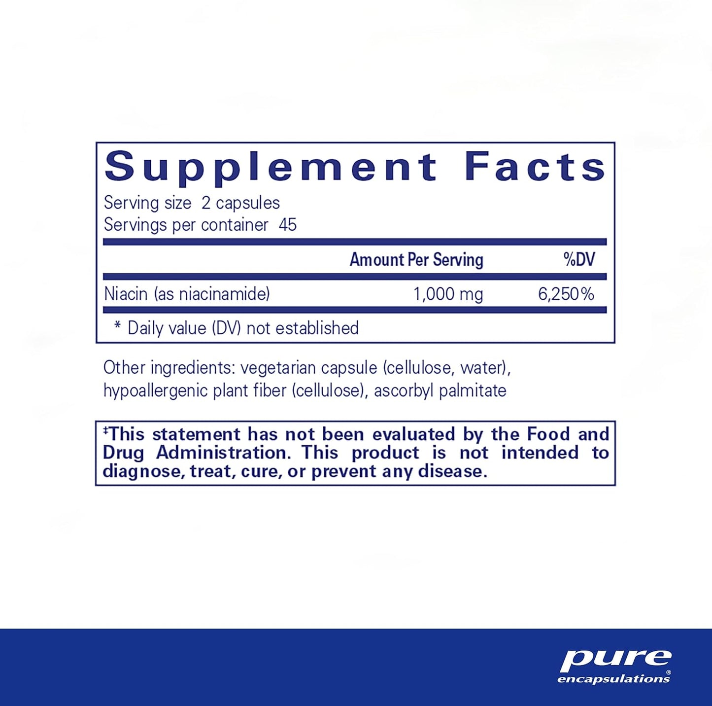 Supplement facts and ingredient information for a bottle of Pure Encapsulations Niacinamide dietary supplement 
