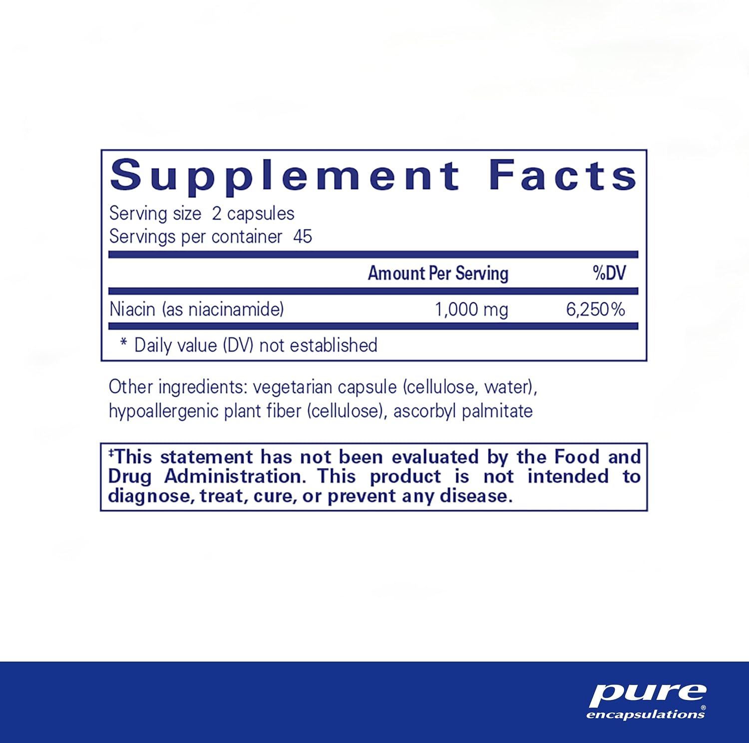 Supplement facts and ingredient information for a bottle of Pure Encapsulations Niacinamide dietary supplement 