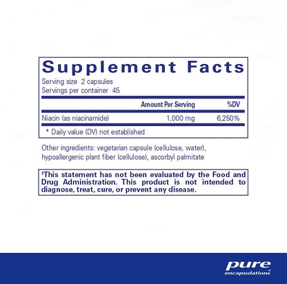Supplement facts and ingredient information for a bottle of Pure Encapsulations Niacinamide dietary supplement 