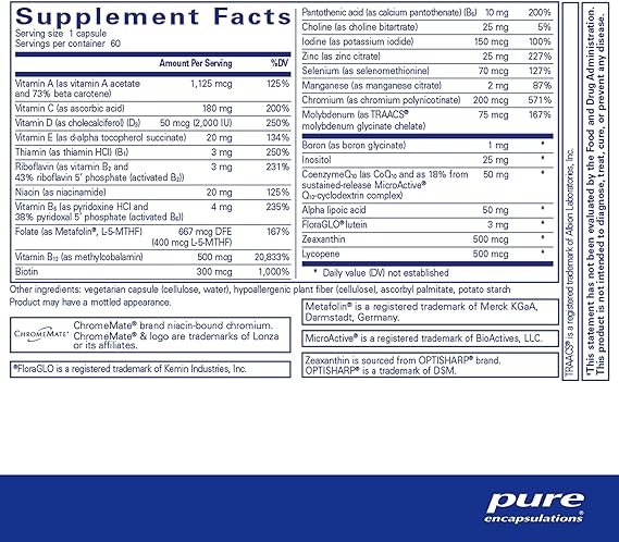 Supplement facts and ingredient information for a bottle of Pure Encapsulations O.N.E. Multivitamin