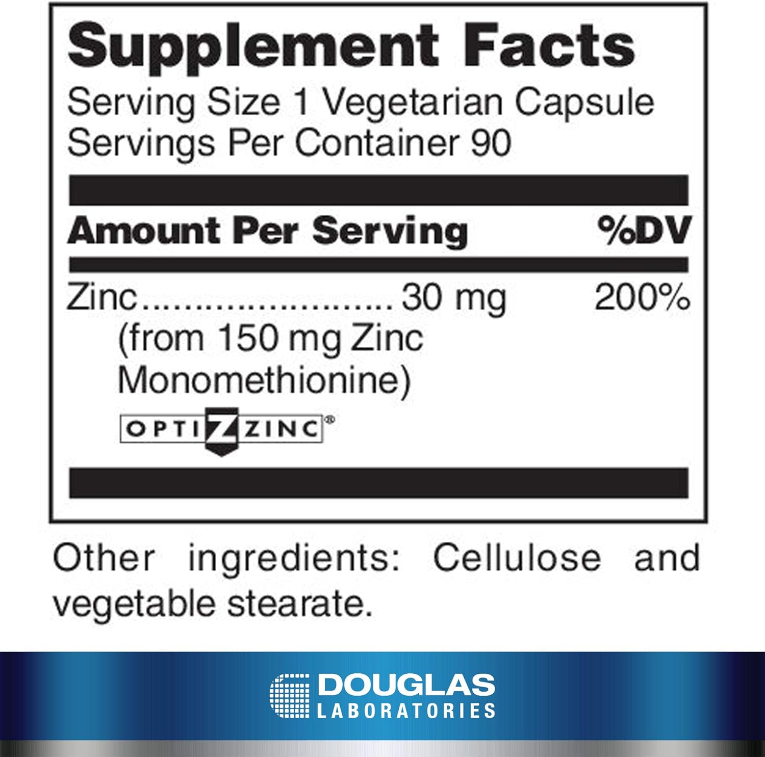 Supplement facts for a bottle of Douglas Labs Opti-Zinc 30 supplements