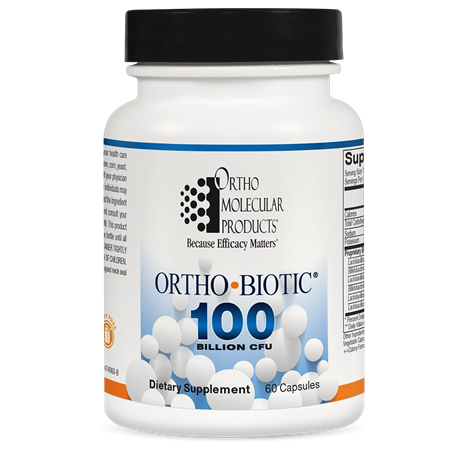 A bottle of Ortho Molecular Products Ortho Biotic 100 dietary supplement with 60 capsules, labeled with 100 billion CFU.