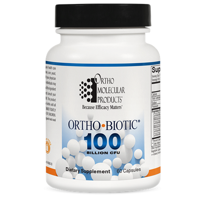 A bottle of Ortho Molecular Products Ortho Biotic 100 dietary supplement with 60 capsules, labeled with 100 billion CFU.