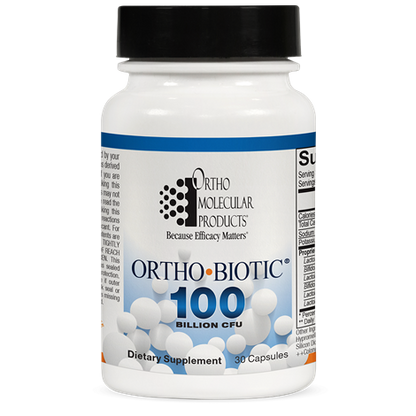 A bottle of Ortho Molecular Products Ortho Biotic 100 dietary supplement with 30 capsules, labeled with 100 billion CFU.