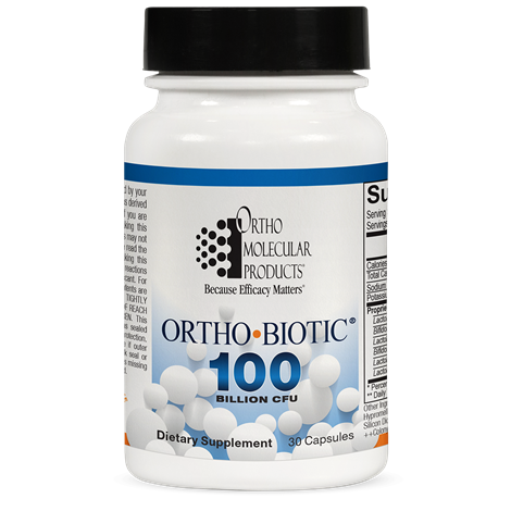 A bottle of Ortho Molecular Products Ortho Biotic 100 dietary supplement with 30 capsules, labeled with 100 billion CFU.